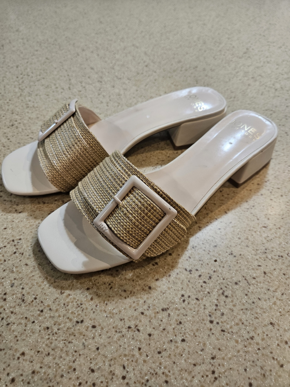 Jones New York Neutral Woven Buckle Slide Sandals in Beige